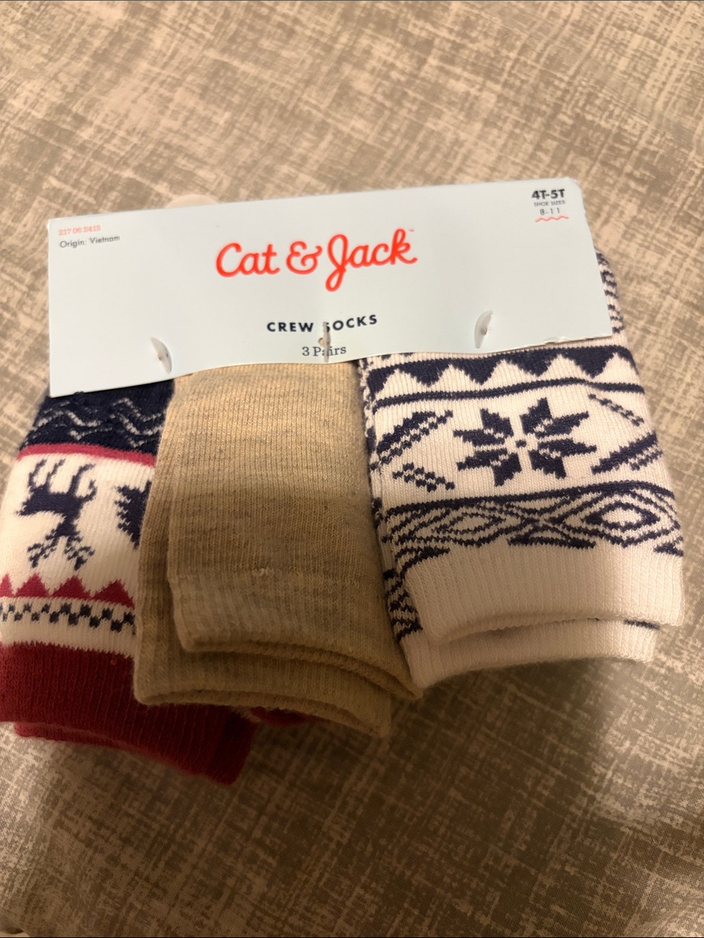 Boys Cat & Jack Crew Socks 3-Pack - Beige, White, Red Patterned 4/5 T
